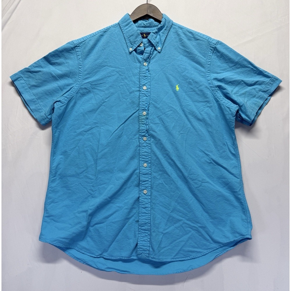 Ralph Lauren Shirt Mens XL Turquoise Blue Cotton Pleated Pony Logo Button Down